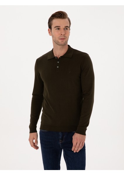 Erkek Haki Regular Fit Pamuk Karışımlı Polo Yaka Basic Triko Kazak 50318673-VR027 modelleri