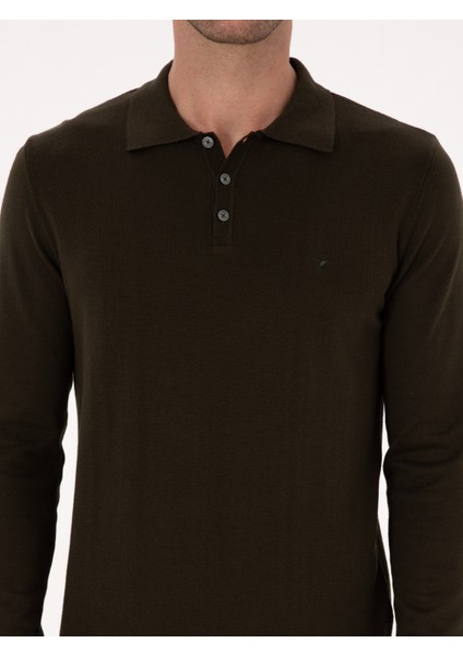 Erkek Haki Regular Fit Pamuk Karışımlı Polo Yaka Basic Triko Kazak 50318673-VR027