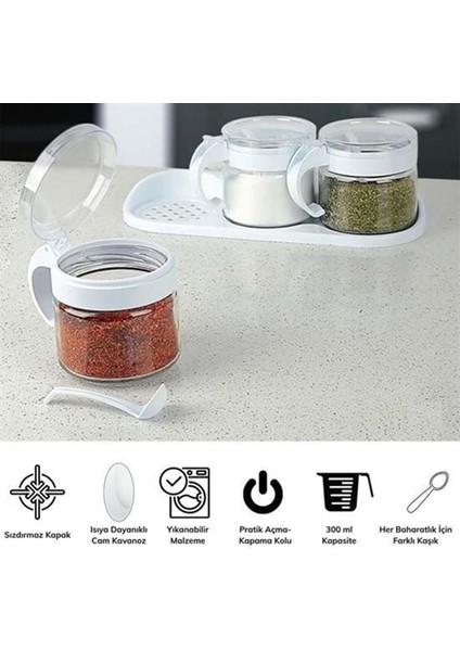 Buffer® Beyaz 3lü Standlı Kapaklı Kaşıklı Cam Hava Sızdırmaz Baharatlık Takımı KC-386 modelleri
