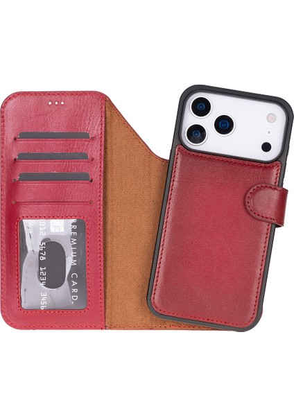 Apple iPhone 17 Pro Max Için, Hakiki Deri, El Yapımı Cüzdanlı Kılıf, Magsafe ile Uyumlu, Iç Yüzeyi Kadife, Kırmızı