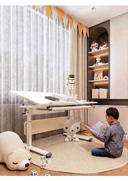 Vega Simple Ergonomik Çocuk Çalışma Masası Yükseklik ve Eğim Ayarlı Ofis Masası - 130x70 Cm, Ekru/Gri