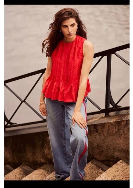 Allbucks Mint Velvet Kırmızı Şeritli Wide Leg Jean Pantolon ABAB5059 fırsatları