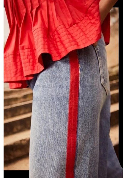 Allbucks Mint Velvet Kırmızı Şeritli Wide Leg Jean Pantolon ABAB5059 indirimleri