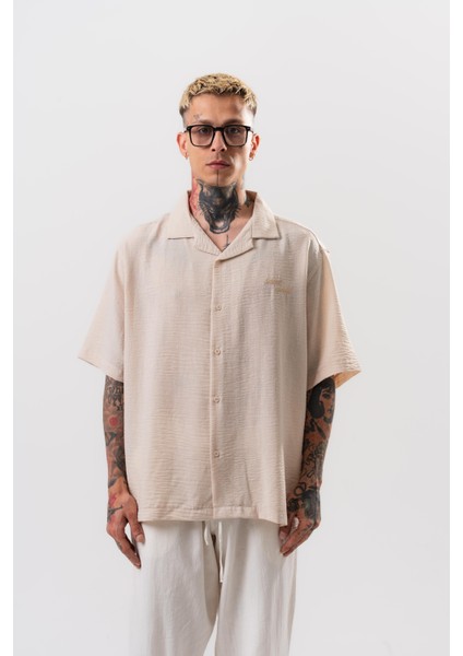 Erkek Star Nakışlı Oversize Gömlek Bej