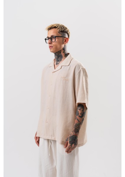 Erkek Star Nakışlı Oversize Gömlek Bej fiyatları