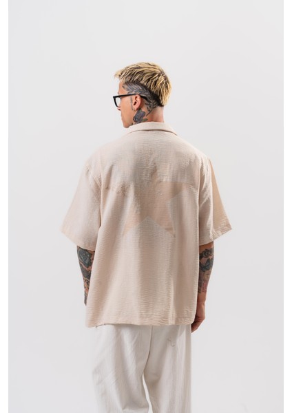 Erkek Star Nakışlı Oversize Gömlek Bej modelleri