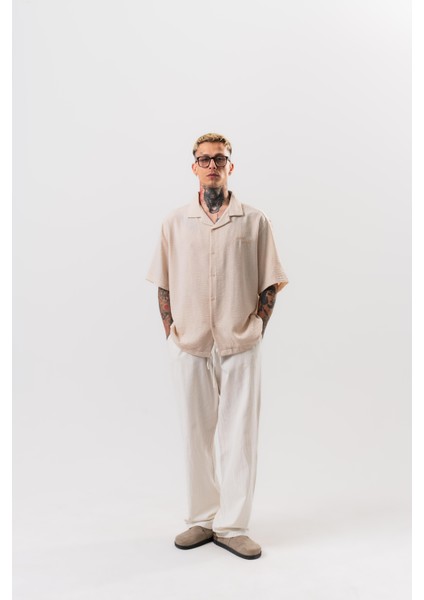 Erkek Star Nakışlı Oversize Gömlek Bej fırsatları