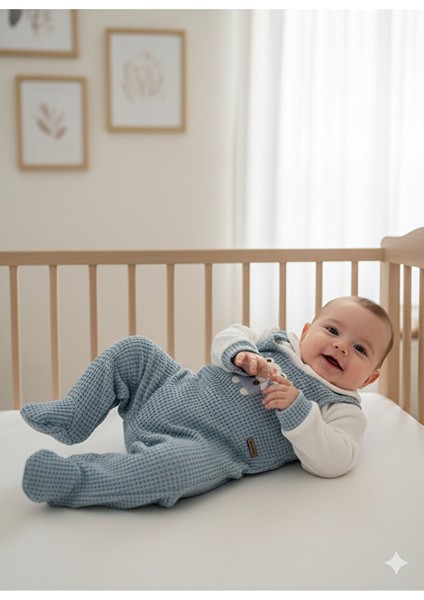 %100 Pamuk Erkek Bebek Ayaklı Tulum – Fil Nakışlı – Uzun Kollu – Mavi indirimleri