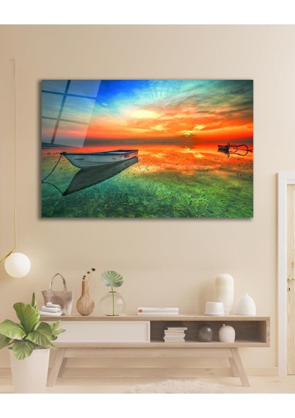 Kayık Göl Manzara Cam Tablo Modern Ev Ofis Salon Hediyelik Büyük Tablo Duvar Dekoru