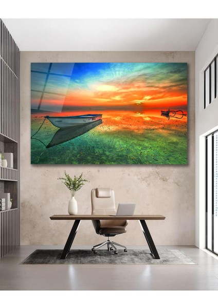 Kayık Göl Manzara Cam Tablo Modern Ev Ofis Salon Hediyelik Büyük Tablo Duvar Dekoru modelleri