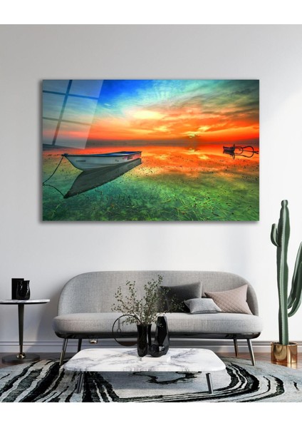 Kayık Göl Manzara Cam Tablo Modern Ev Ofis Salon Hediyelik Büyük Tablo Duvar Dekoru fırsatları