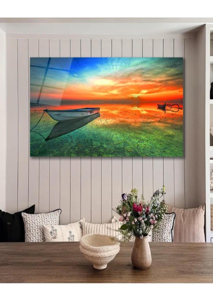 Kayık Göl Manzara Cam Tablo Modern Ev Ofis Salon Hediyelik Büyük Tablo Duvar Dekoru indirimleri