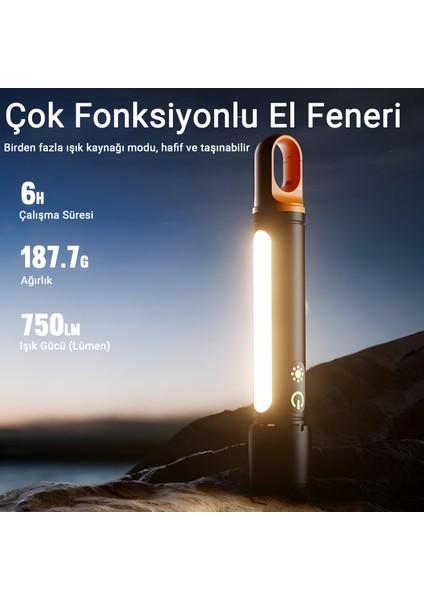 X725 Çok Fonksiyonlu Şarjlı Kamp El Feneri | 750 Lm Led, Yan Lamba, Su Geçirmez, Powerbank