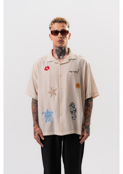 Erkek Res Resort Nakışlı Oversize Gömlek Bej