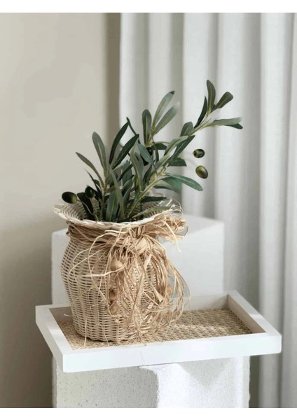 2'li Rattan El Yapımı Vazo & Zeytin Dalı Set (Çiçek Dahildir) fırsatları