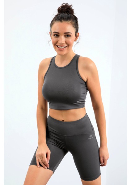 Koyu Gri Yüksek Bel Toparlayıcı Dar Kalıp Crop Biker Kadın Tayt Takım - 95302