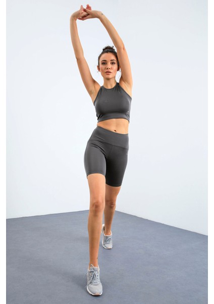 Koyu Gri Yüksek Bel Toparlayıcı Dar Kalıp Crop Biker Kadın Tayt Takım - 95302 fiyatları