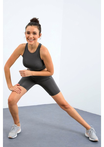 Koyu Gri Yüksek Bel Toparlayıcı Dar Kalıp Crop Biker Kadın Tayt Takım - 95302 modelleri