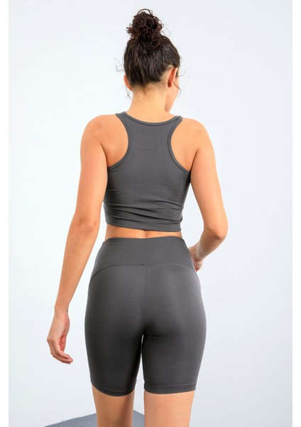 Koyu Gri Yüksek Bel Toparlayıcı Dar Kalıp Crop Biker Kadın Tayt Takım - 95302 fırsatları