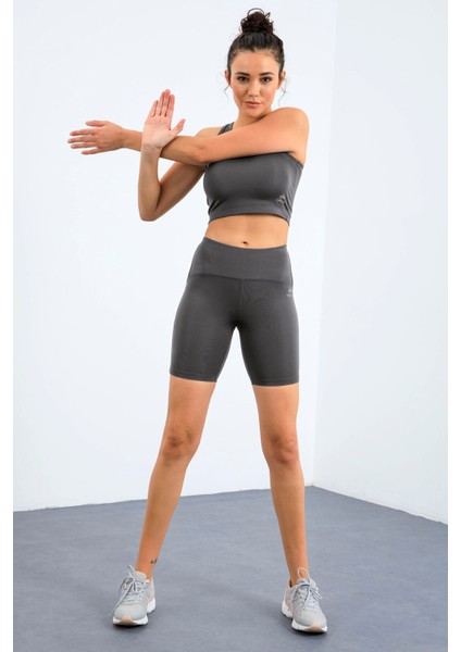 Koyu Gri Yüksek Bel Toparlayıcı Dar Kalıp Crop Biker Kadın Tayt Takım - 95302 indirimleri