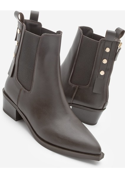 Kadın Sivri Burun Lastikli Kovboy Arkadan Fermuarlı Topuklu Western Bot Esoma Kahve