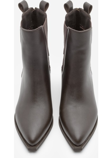 Kadın Sivri Burun Lastikli Kovboy Arkadan Fermuarlı Topuklu Western Bot Esoma Kahve