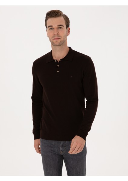 Erkek Kahverengi Regular Fit Pamuk Karışımlı Polo Yaka Basic Triko Kazak 50318673-VR029