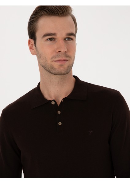 Erkek Kahverengi Regular Fit Pamuk Karışımlı Polo Yaka Basic Triko Kazak 50318673-VR029 fiyatları