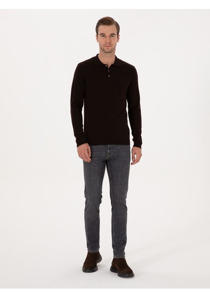 Erkek Kahverengi Regular Fit Pamuk Karışımlı Polo Yaka Basic Triko Kazak 50318673-VR029 fırsatları