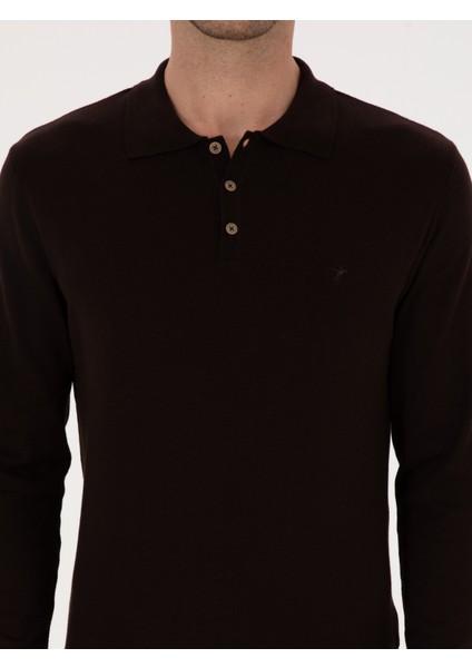 Erkek Kahverengi Regular Fit Pamuk Karışımlı Polo Yaka Basic Triko Kazak 50318673-VR029