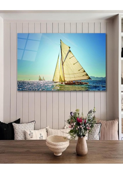 Tekne Deniz Manzara Cam Tablo Modern Ev Ofis Salon Hediyelik Büyük Tablo Duvar Dekoru