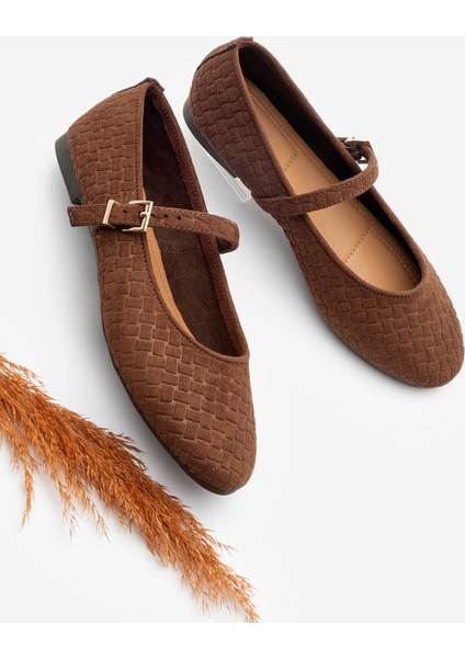 Kadın Desenli Bantlı Günlük Babet Afira Kahve Süet