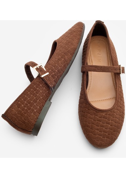 Kadın Desenli Bantlı Günlük Babet Afira Kahve Süet