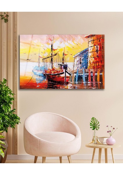Soyut Manzara Deniz ve Gemi Cam Tablo , Ev Ofis Salon Hediyelik Duvar Dekoru