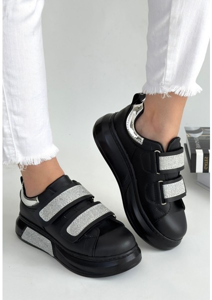 Nino Siyah Cilt Simli Cırt Cırtlı Spor Ayakkabı modelleri