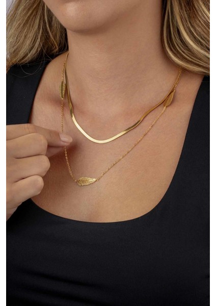 Altın Kaplama Yaprak Motifli Çift Zincir Kadın Çelik Zincir