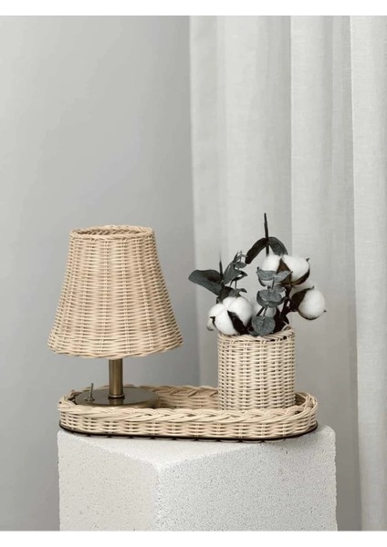 4'lü Rattan Set Kablosuz Masa Lambası - Eskitme Gold, Düzenleyici, Mini Vazo, Pamuk