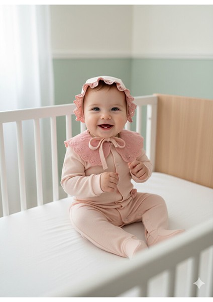%100 Pamuk Kız Bebek Ayaklı Tulum Seti – Dantel Yakalı & Şapkalı – Pudra