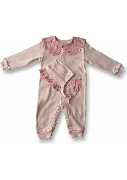 %100 Pamuk Kız Bebek Ayaklı Tulum Seti – Dantel Yakalı & Şapkalı – Pudra fiyatları