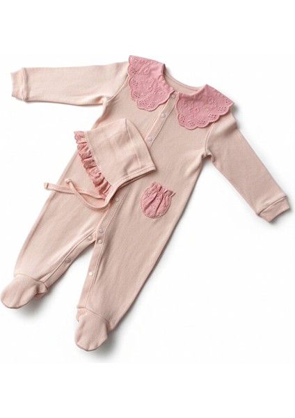 %100 Pamuk Kız Bebek Ayaklı Tulum Seti – Dantel Yakalı & Şapkalı – Pudra fırsatları