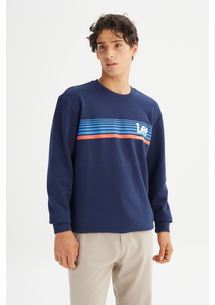 Regular Fit Normal Kesim Bisiklet Yaka Baskılı Lacivert Sweatshirt