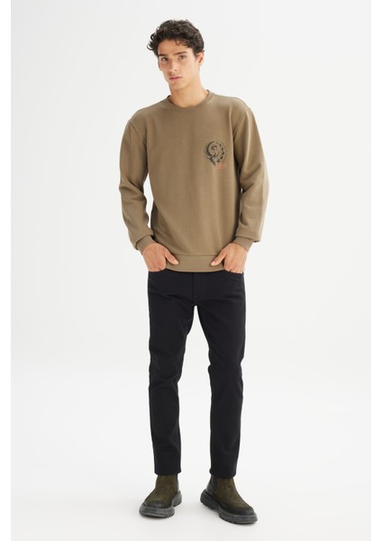 Regular Fit Normal Kesim Bisiklet Yaka Baskılı Haki Sweatshirt fiyatları