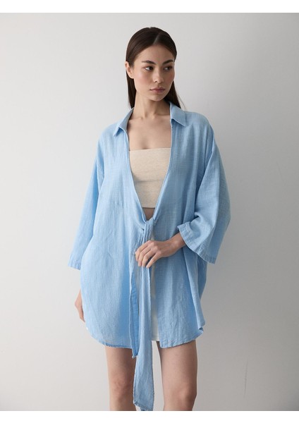 Mavi Flam Keten Kimono Gömlek modelleri