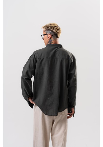 Erkek Uzun Kol Oversize Vual Gömlek Füme modelleri