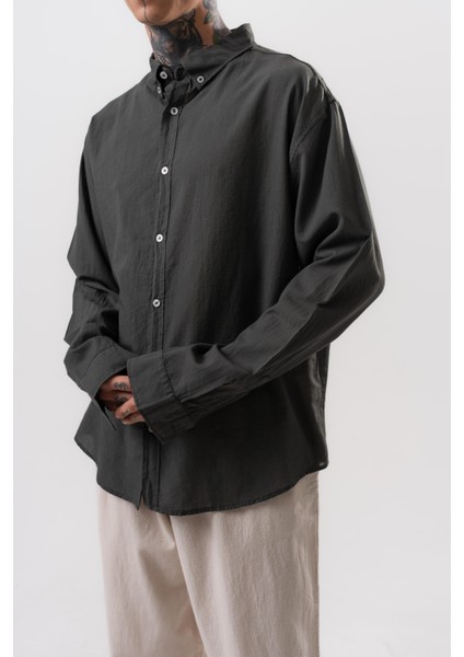 Erkek Uzun Kol Oversize Vual Gömlek Füme fırsatları