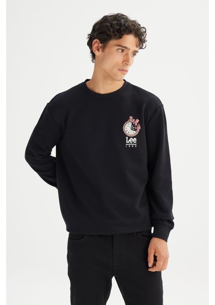 Regular Fit Normal Kesim Bisiklet Yaka Baskılı Siyah Sweatshirt modelleri