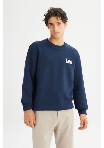 Regular Fit Normal Kesim Bisiklet Yaka Içi Polarlı Lacivert Minimal Logo Sweatshirt