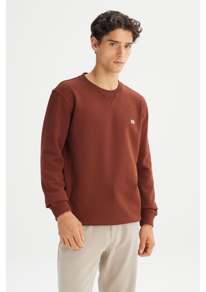 %100 Pamuk Regular Fit Normal Kesim Bisiklet Yaka Kiremit Rengi Sweatshirt