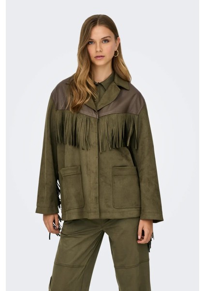 Kadın Onlfrange Püskül Detaylı Nubuk Ceket Mont 15351944 Haki
