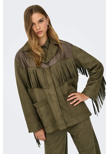 Kadın Onlfrange Püskül Detaylı Nubuk Ceket Mont 15351944 Haki modelleri